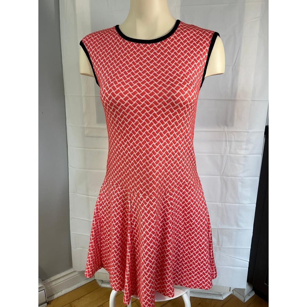 HKR Collections Red White Geometric Knit Fit Flare Dress Black Trim Sleeveless